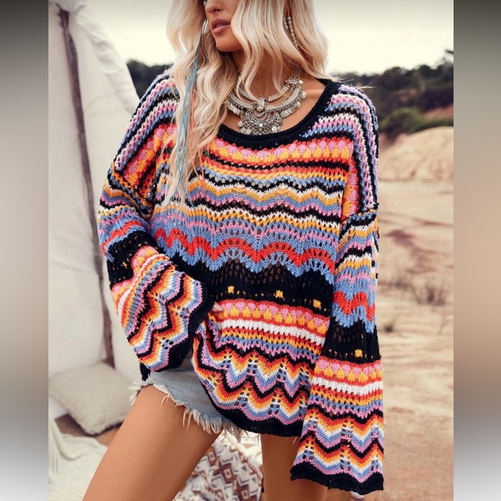 WILA Multicolor Zigzag Crochet Knit Sweater - Black, Pink, Blue, Yellow